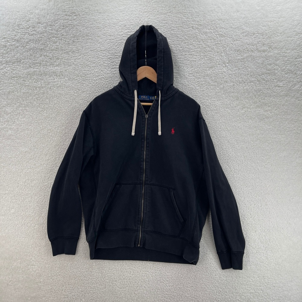 Polo Ralph Lauren Hoodie Mens XL Black Red Pony Full Zip Thermal Hood Preppy Y2K